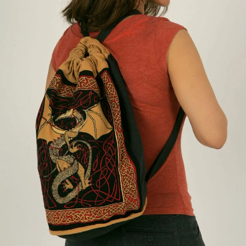 Cotton Bohemian Hippie Celtic Dragon Backpack Bag Shopping Work Bag Blue Red