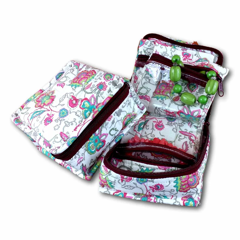 Quilted Cotton Cosmetic Bag Jewelry Bag Floral Travel Pouch Pink Green