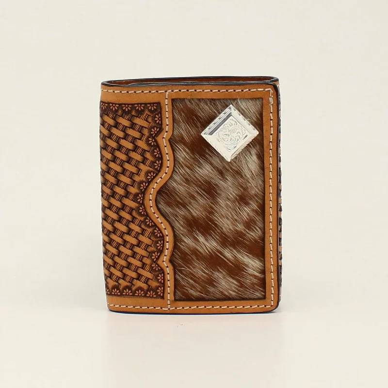 Basketweave Tooled Calf Hair Square Concho Trifold Wallet