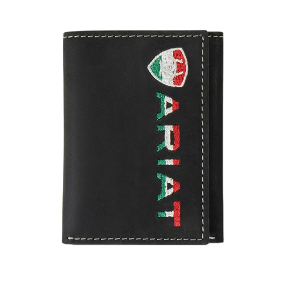 Ariat Mexican Flag Embroidered Black Trifold Wallet