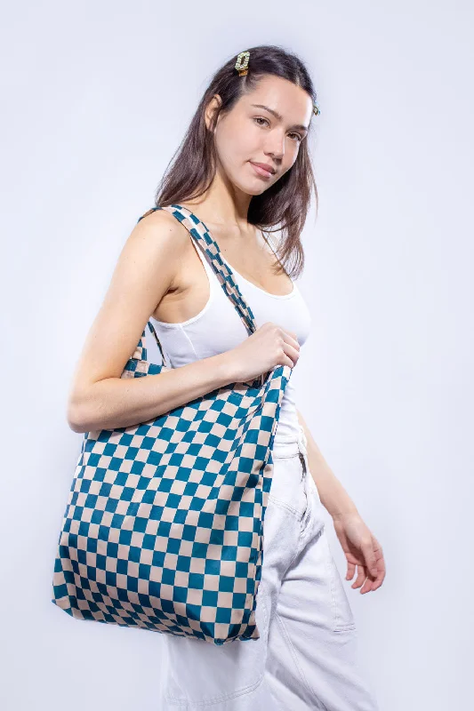 Checkerboard Teal & Beige | Recycled Tote