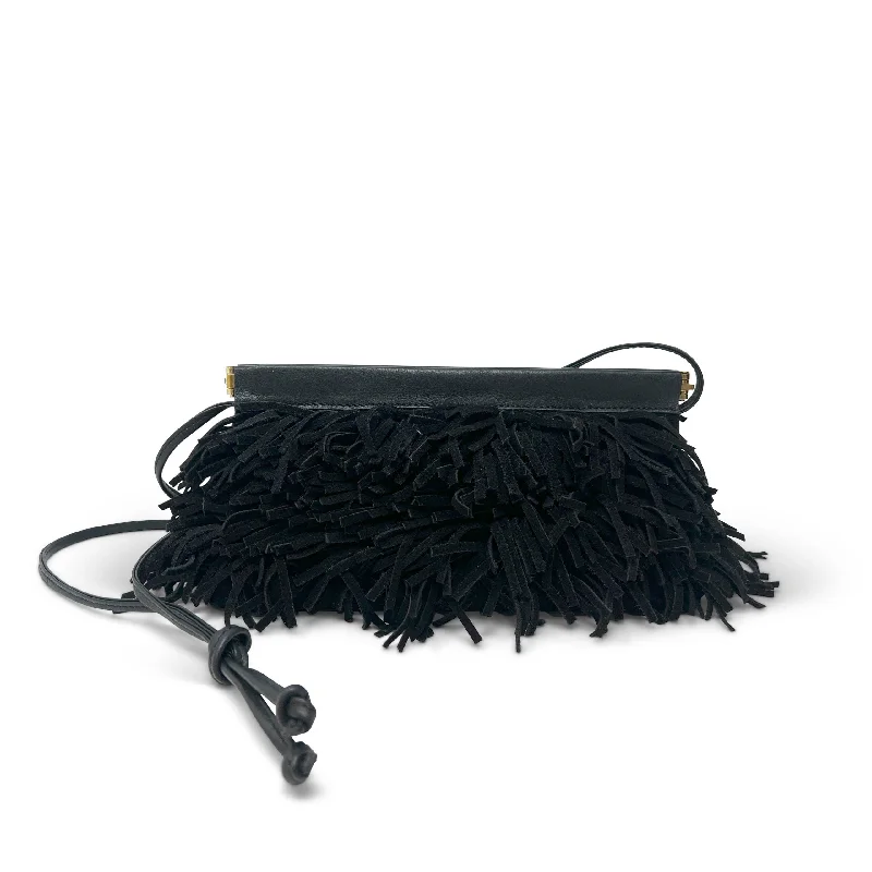 Cheltenham Snap Crossbody Clutch - Black Suede Fringe