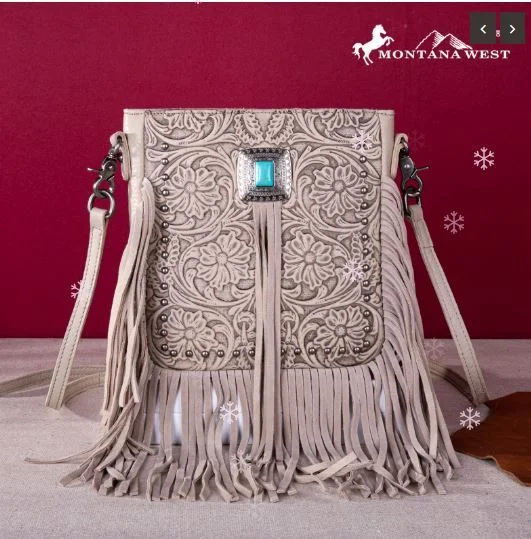 Genuine Tooled Silver Turquoise Concho Fringed Crossbody