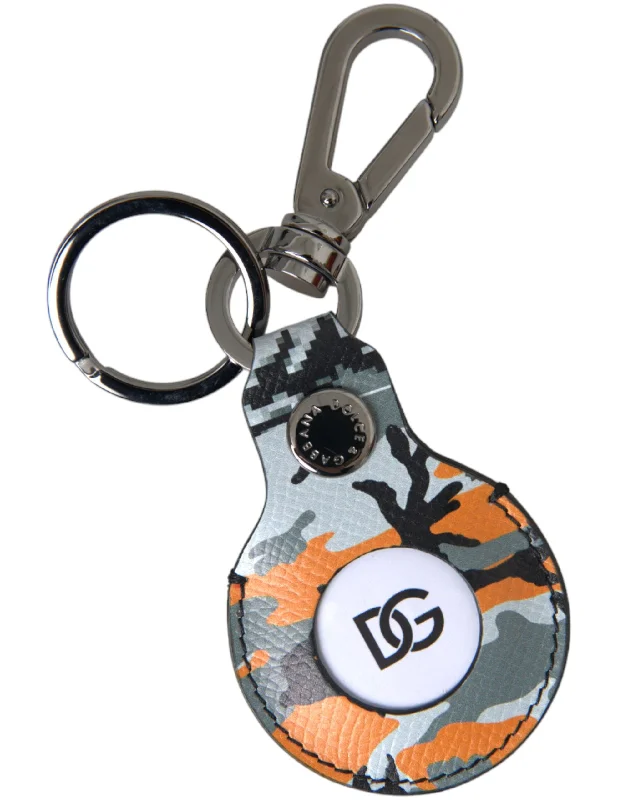 Dolce & Gabbana Camouflage Leather DG Logo Round Metal Keyring Men's Keychain