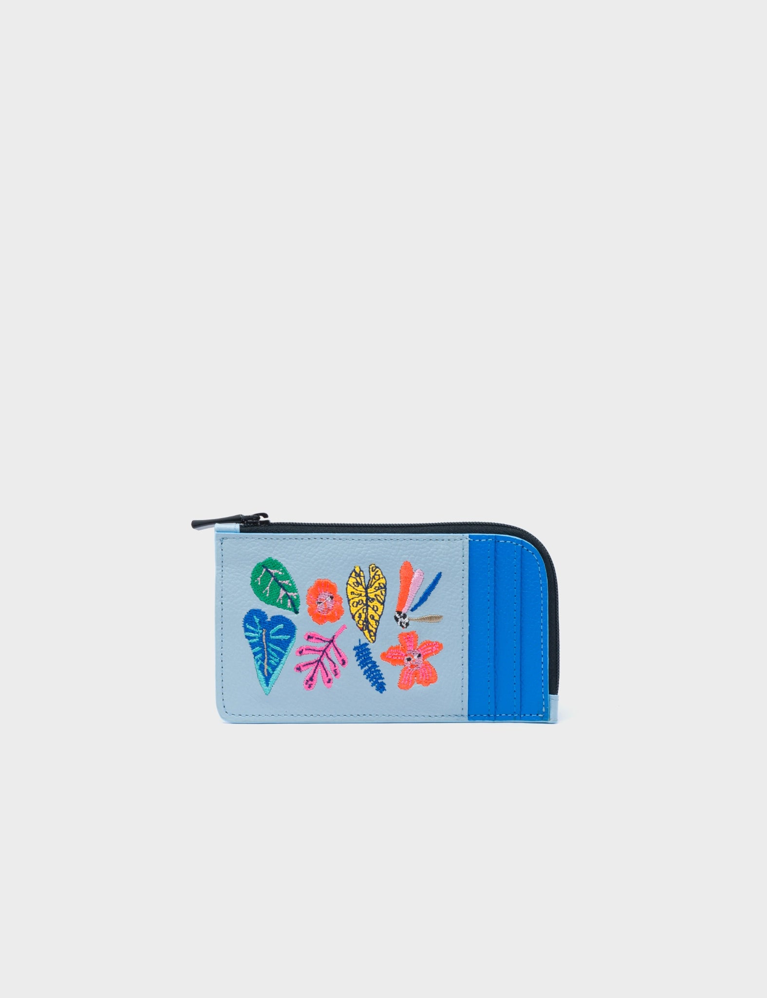 Fausto Splish Splash Blue Leather Zip-around Cardholder - Floral Embroidery