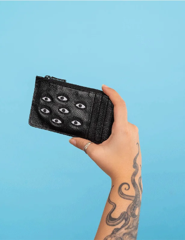 Fausto Black Leather Zip-around Cardholder - All Over Eyes Embroidery