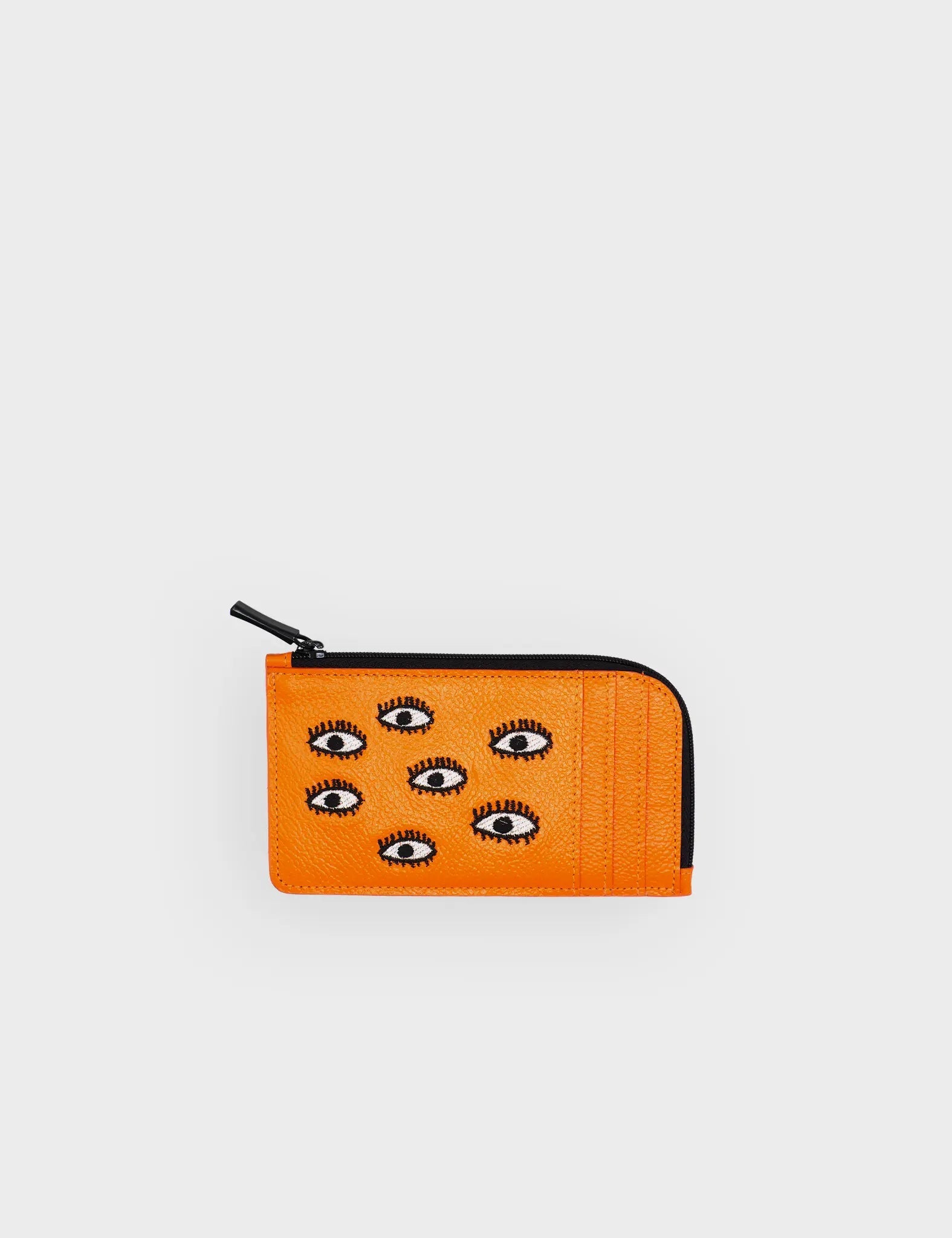 Fausto Neon Orange Leather Zip-around Cardholder - All Over Eyes Embroidery