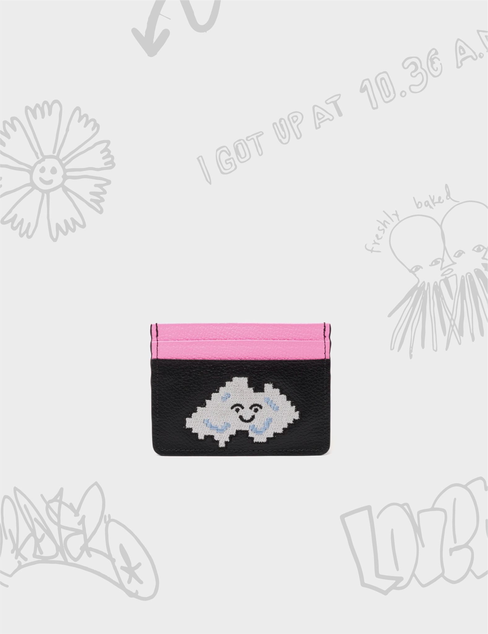 Filium Pink and Black Leather Cardholder - Cloud Embroidery