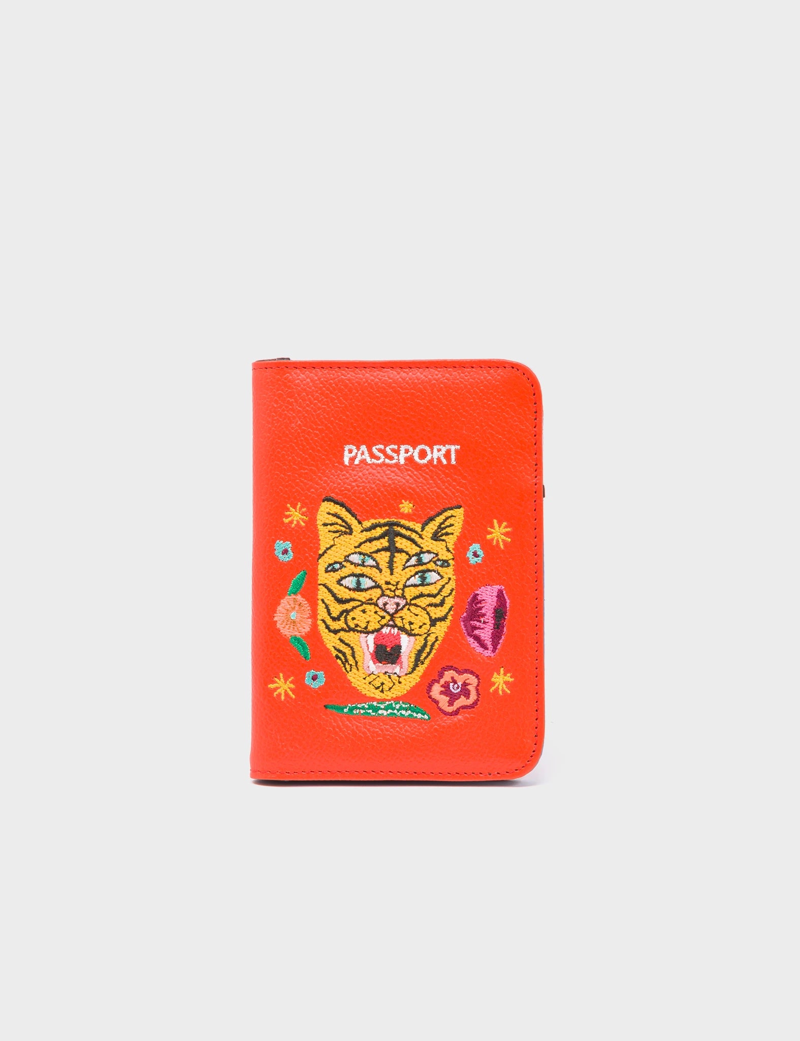 Frida Fiesta Red Leather Passport Cover - Tiger and Flowers Embroidery