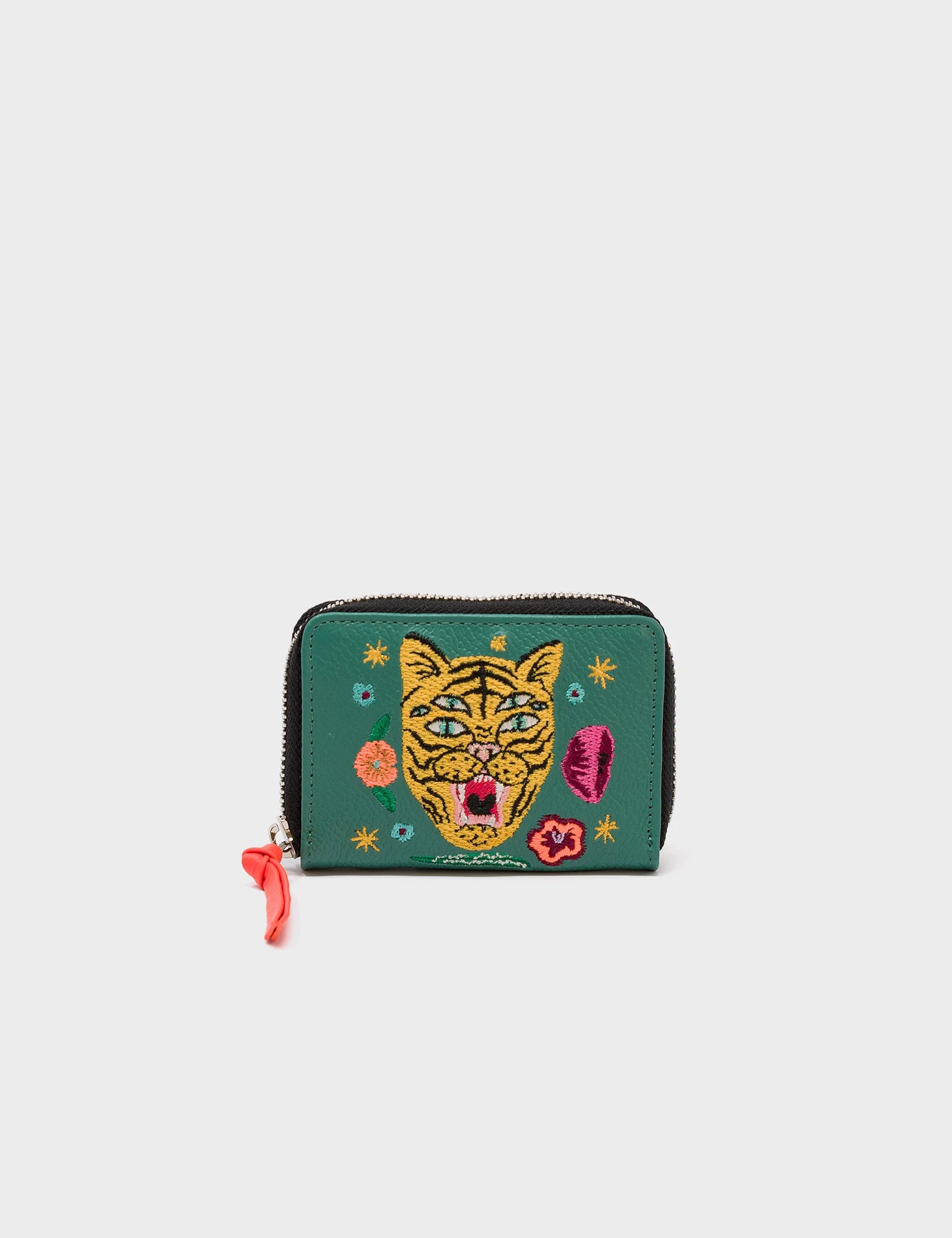 Frodo Deep Sea Green Leather Zip Around Wallet - Tiger and Flowers Embroidery