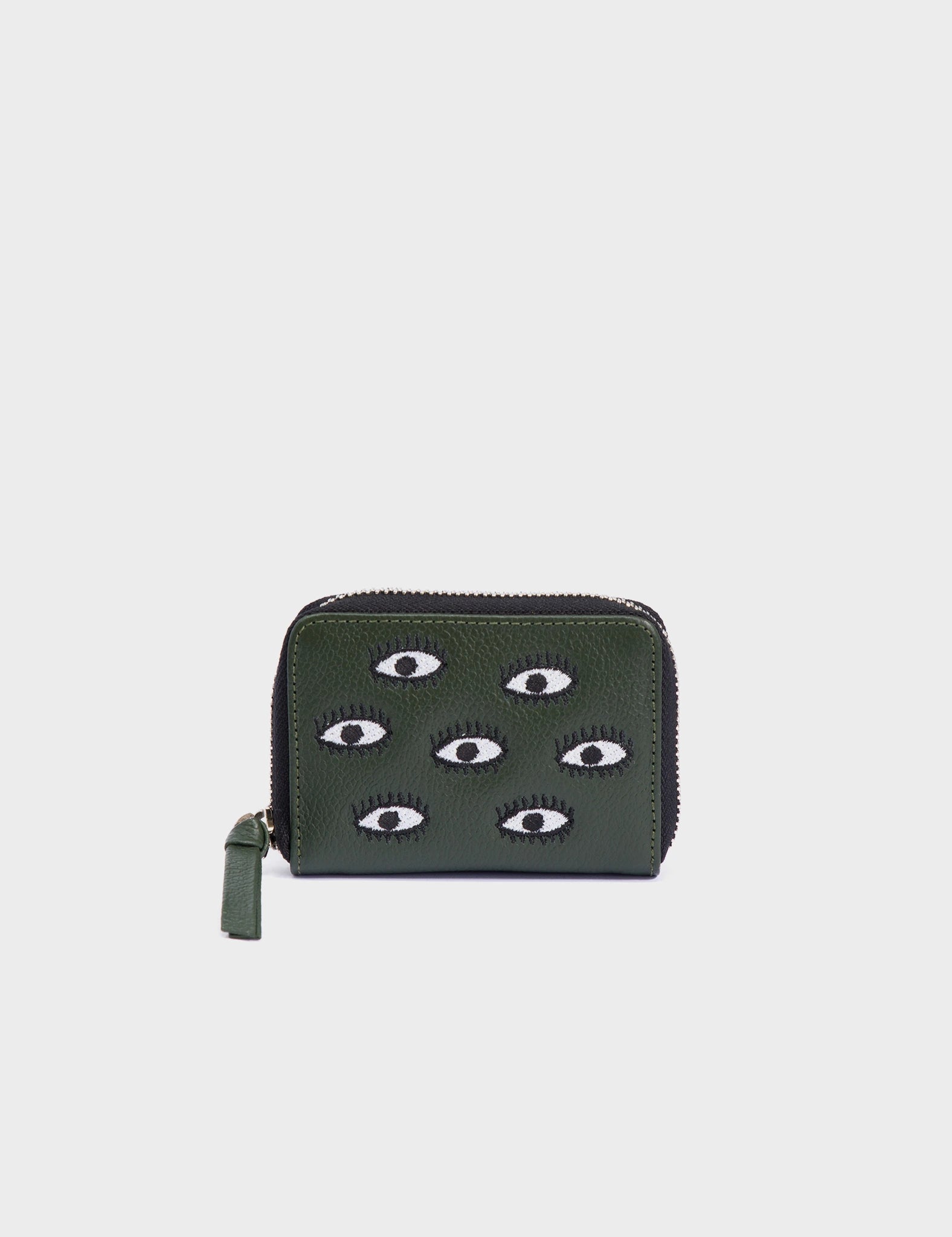 Frodo Green Leather Zip Around Wallet - All Over Eyes Embroidery