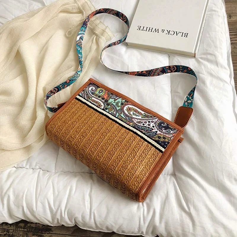 Handwoven Straw Shoulder Bag for Women Bohemian Crossbody Purse Cellphone Bag