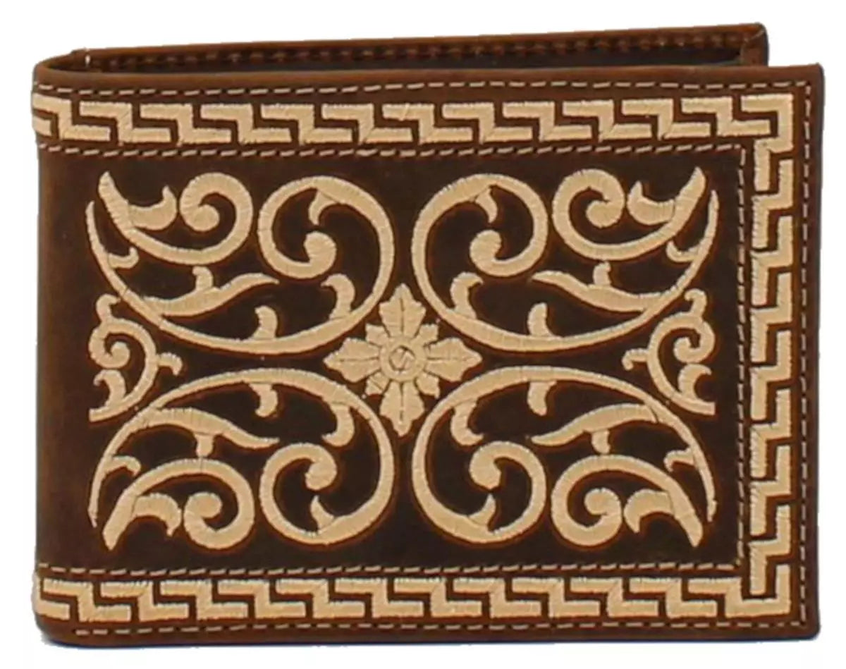 Nocona Mens Leather Embroidered Stitch Brown Bifold Wallet